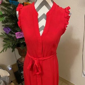 Ann Taylor NWT Red covered button down dress with ruffle sleeves and sash.